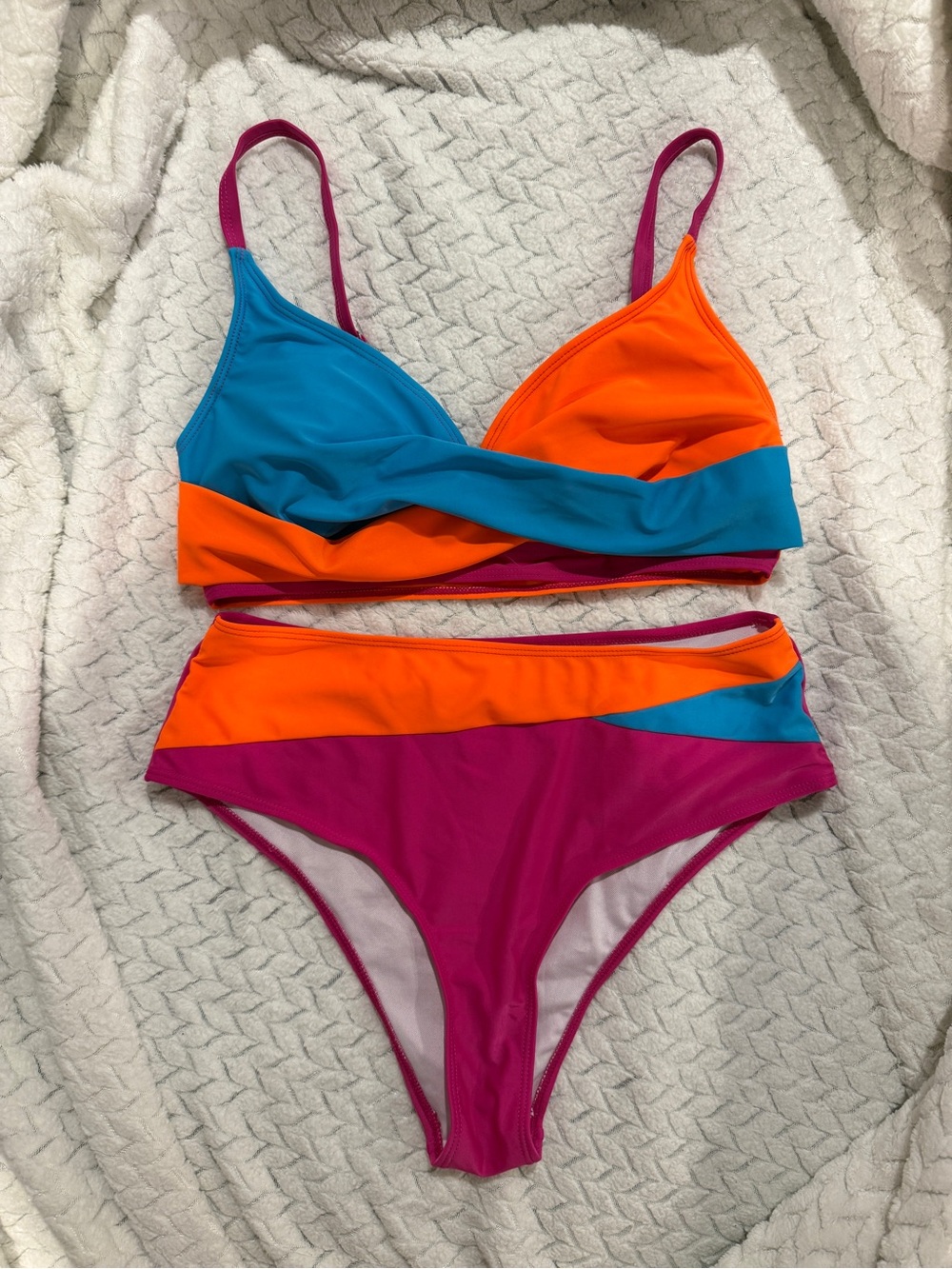 Colorblock High-Waist Bikini Set - Pink, Orange & Blue